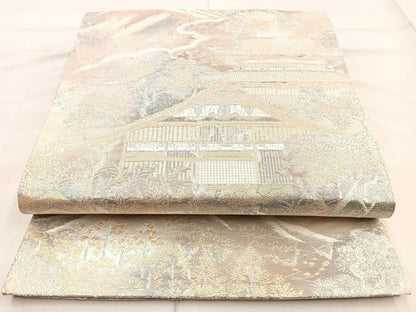 平和屋着物◎六通柄袋帯　風景文　金銀糸　正絹　逸品　BAAN5249cm