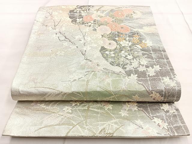 平和屋着物◎六通柄袋帯 唐織 草花文 金銀糸 正絹 逸品 BAAN5270cm