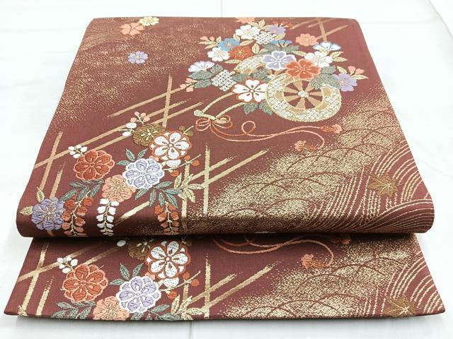 平和屋着物◎六通柄袋帯 唐織 花車文 金糸 正絹 逸品 BAAN5275cm
