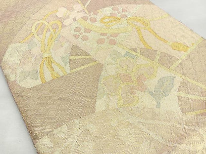 平和屋着物◎佐賀錦　太鼓柄袋帯　舞扇吉祥文　金銀糸　正絹　逸品　BAAN5290cm