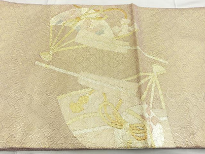 平和屋着物◎佐賀錦　太鼓柄袋帯　舞扇吉祥文　金銀糸　正絹　逸品　BAAN5290cm