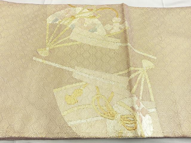 平和屋着物◎佐賀錦　太鼓柄袋帯　舞扇吉祥文　金銀糸　正絹　逸品　BAAN5290cm