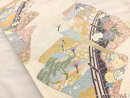 平和屋着物■六通柄袋帯　色紙橋上文　ふくれ織　金糸　正絹　逸品　BAAN6115ea