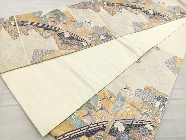 平和屋着物■六通柄袋帯　色紙橋上文　ふくれ織　金糸　正絹　逸品　BAAN6115ea