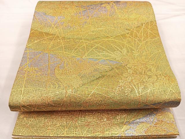平和屋着物■六通柄袋帯　流水花鶴文　金糸　正絹　逸品　BAAN6176ea