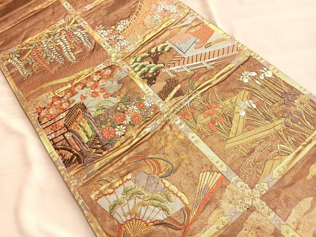平和屋着物◎六通柄袋帯 唐織 格子柄御所車文 金糸 引箔 正絹 逸品 BAAN8920du