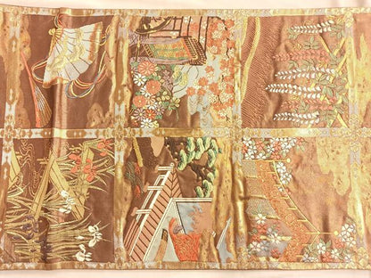 平和屋着物◎六通柄袋帯 唐織 格子柄御所車文 金糸 引箔 正絹 逸品 BAAN8920du