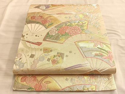 平和屋着物◎六通柄袋帯 唐織 扇面草花文 金銀糸 正絹 逸品 BAAN8927du
