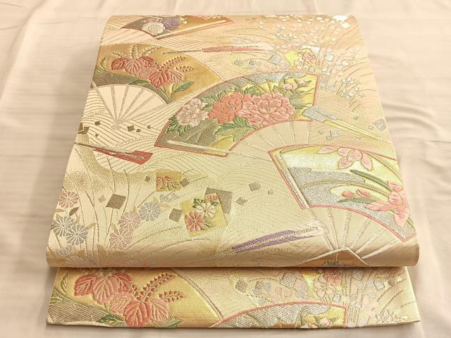 平和屋着物◎六通柄袋帯 唐織 扇面草花文 金銀糸 正絹 逸品 BAAN8927du