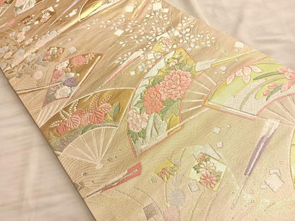 平和屋着物◎六通柄袋帯 唐織 扇面草花文 金銀糸 正絹 逸品 BAAN8927du