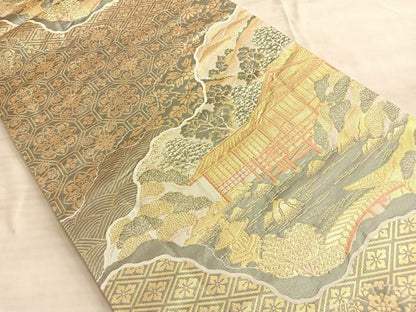 平和屋着物◎六通柄袋帯 唐織 総刺繍 蜀紅京景色 金糸 正絹 逸品 BAAN8931du