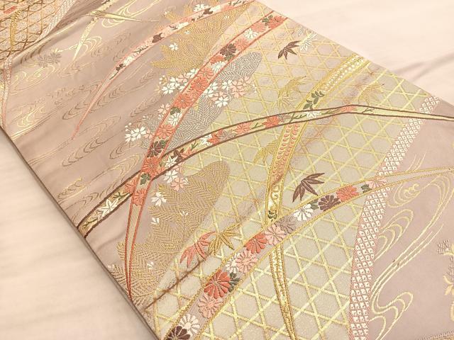 平和屋着物◎六通柄袋帯　唐織　流水草花文　金銀糸　正絹　逸品　BAAN8954du