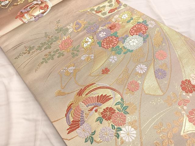 平和屋着物◎六通柄袋帯 唐織 鳳凰誰が袖花蝶文 金