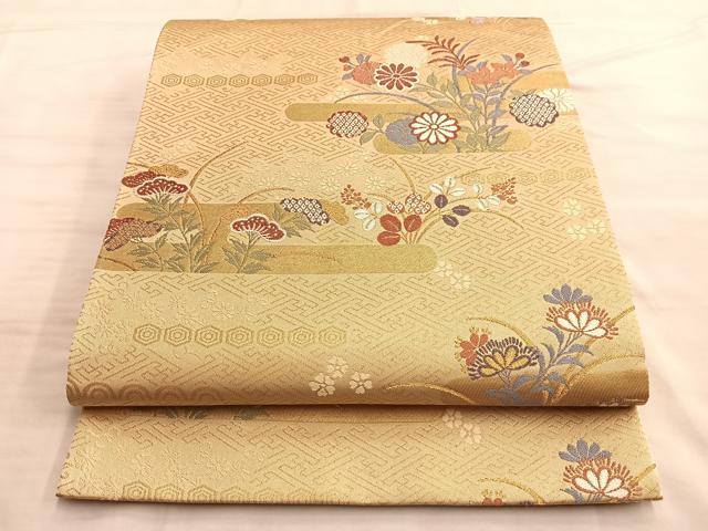 平和屋着物◎六通太鼓柄袋帯 唐織 エ霞草花文 金糸 正絹