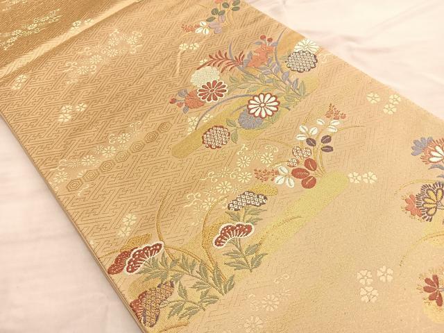極上 逸品 美品 彩替華文 唐草 金糸 パステル 六通 正絹 フォーマルな袋帯 平和屋着物◎六通太鼓柄袋帯 唐織 エ霞草花文 金糸 正絹