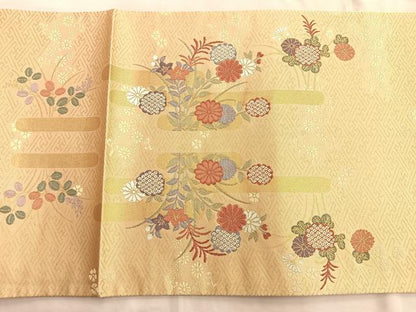 平和屋着物◎六通太鼓柄袋帯 唐織 エ霞草花文 金糸 正絹 逸品 BAAN8967du