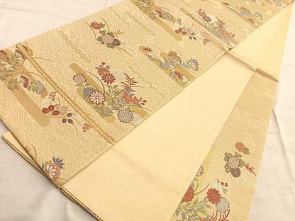 平和屋着物◎六通太鼓柄袋帯 唐織 エ霞草花文 金糸 正絹 逸品 BAAN8967du