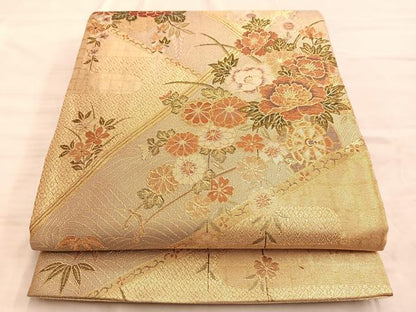 平和屋着物◎佐賀錦 六通柄袋帯 流水花車文 金糸 正絹 逸品 BAAN8969du
