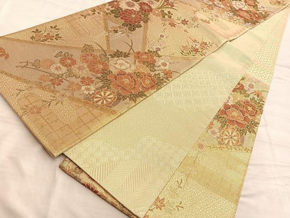 平和屋着物◎佐賀錦 六通柄袋帯 流水花車文 金糸 正絹 逸品 BAAN8969du