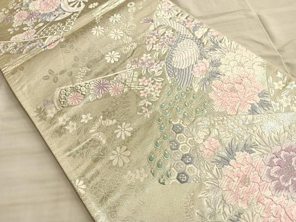 平和屋着物◎六通柄袋帯 唐織 孔雀絵巻草花文 銀糸 正絹 逸品 BAAO0005du