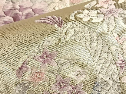 平和屋着物◎六通柄袋帯 唐織 孔雀絵巻草花文 銀糸 正絹 逸品 BAAO0005du
