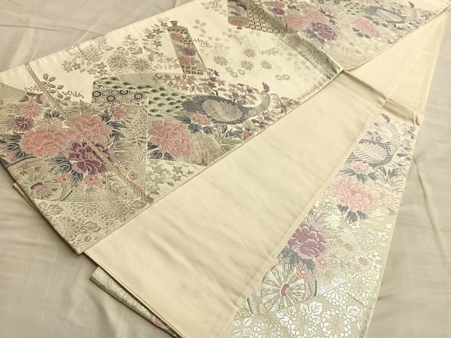 平和屋着物◎六通柄袋帯 唐織 孔雀絵巻草花文 銀糸 正絹 逸品 BAAO0005du