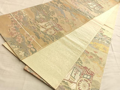 平和屋着物◎六通柄袋帯 流水御所車花文 金糸 正絹 逸品 BAAO0041du