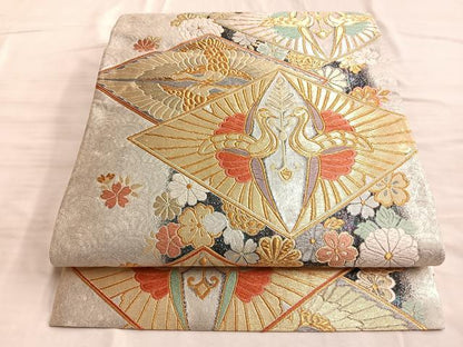 平和屋着物◎六通柄袋帯 唐織 双鶴舞花文 金銀糸 正絹 逸品 BAAO0383du