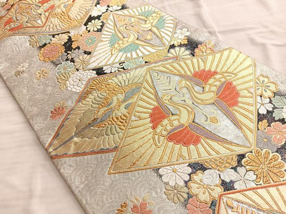 平和屋着物◎六通柄袋帯 唐織 双鶴舞花文 金銀糸 正絹 逸品 BAAO0383du