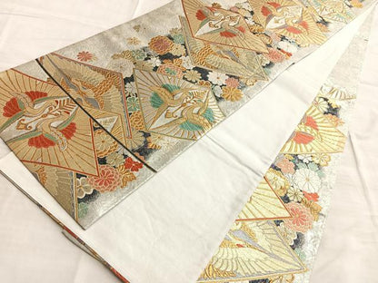 平和屋着物◎六通柄袋帯 唐織 双鶴舞花文 金銀糸 正絹 逸品 BAAO0383du