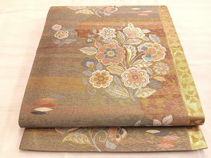 平和屋着物◎六通柄袋帯 唐織 草花文 金糸 正絹 逸品 BAAO0401du
