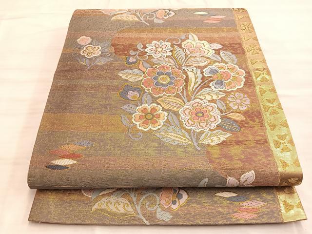 平和屋着物◎六通柄袋帯 唐織 草花文 金糸 正絹 逸品 BAAO0401du