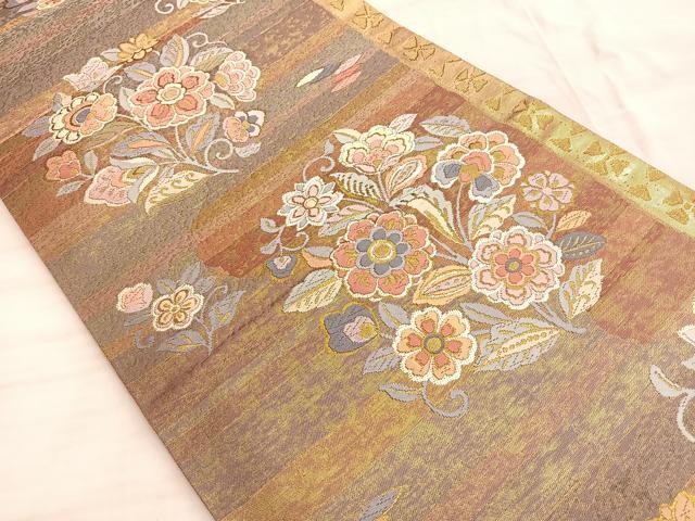 平和屋着物◎六通柄袋帯 唐織 草花文 金糸 正絹 逸品 BAAO0401du