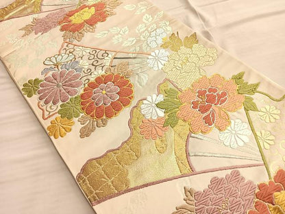 平和屋着物◎六通柄袋帯　唐織　扇面花唐草文　金銀糸　正絹　逸品　BAAO0425du