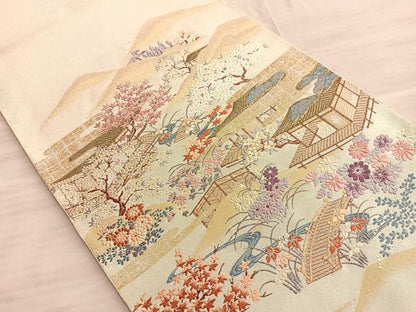 平和屋着物◎太鼓柄袋帯 唐織 遠山風景文 金糸 正絹 逸品 BAAO0428du