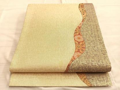 平和屋着物◎太鼓柄袋帯 切嵌 流水花文 金糸 正絹 逸品 BAAO0438du