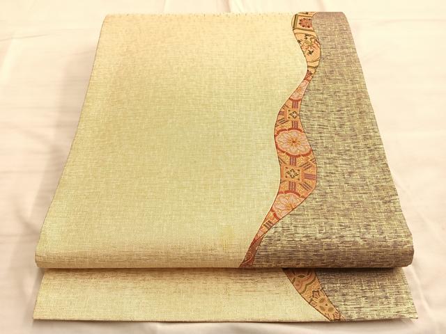平和屋着物◎太鼓柄袋帯 切嵌 流水花文 金糸 正絹 逸品 BAAO0438du