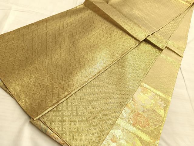 平和屋着物◎佐賀錦　太鼓柄袋帯　格天井鴛鴦花文　金糸　正絹　逸品　BAAO0443du