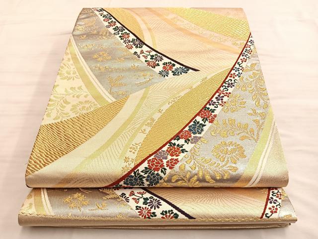 平和屋着物◎西陣 六通柄袋帯 流水草花文 金銀糸 正絹 逸品 BAAO0470du