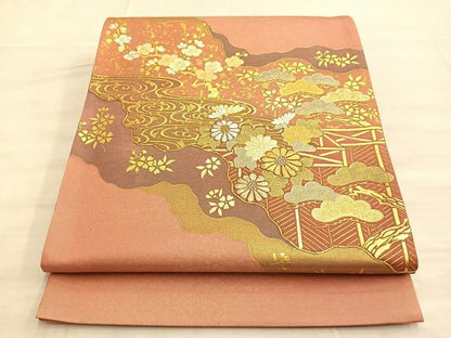 平和屋着物◎太鼓柄袋帯 駒刺繍 道長流水草花文 金彩 正絹 逸品 BAAO0473du
