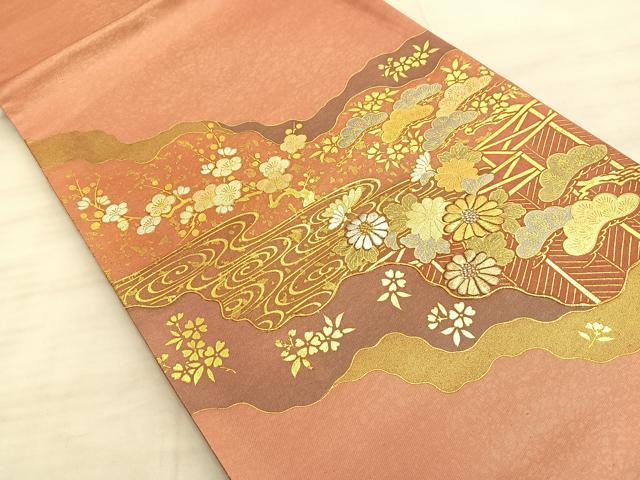 平和屋着物◎太鼓柄袋帯 駒刺繍 道長流水草花文 金彩 正絹 逸品 BAAO0473du