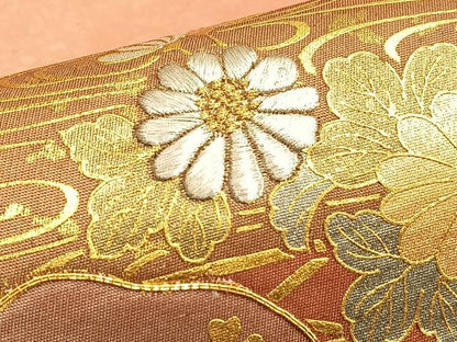平和屋着物◎太鼓柄袋帯 駒刺繍 道長流水草花文 金彩 正絹 逸品 BAAO0473du