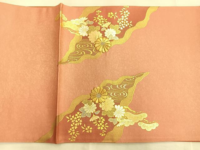 平和屋着物◎太鼓柄袋帯 駒刺繍 道長流水草花文 金彩 正絹 逸品 BAAO0473du