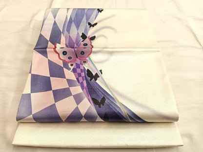 平和屋着物◎太鼓柄袋帯 舞蝶市松文 銀糸 正絹 逸品 BAAO0485du