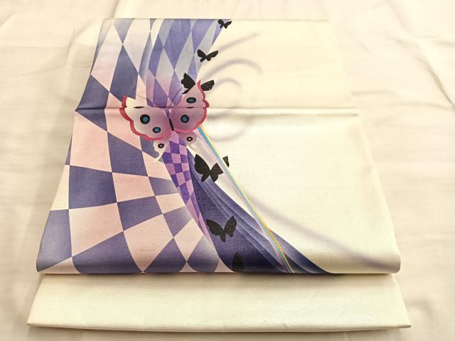 平和屋着物◎太鼓柄袋帯 舞蝶市松文 銀糸 正絹 逸品 BAAO0485du