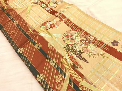平和屋着物◎六通柄袋帯 唐織 舞蝶雪輪花文 金糸 正絹 逸品 BAAO0486du