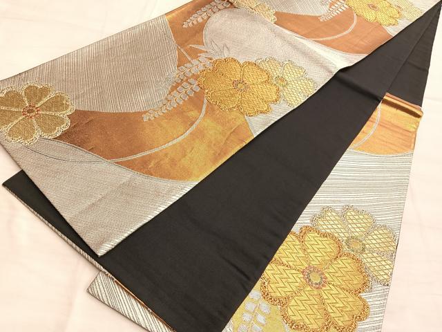 平和屋着物◎六通柄袋帯 桜流し 黒地 金銀糸 正絹 逸品 BAAO0488du