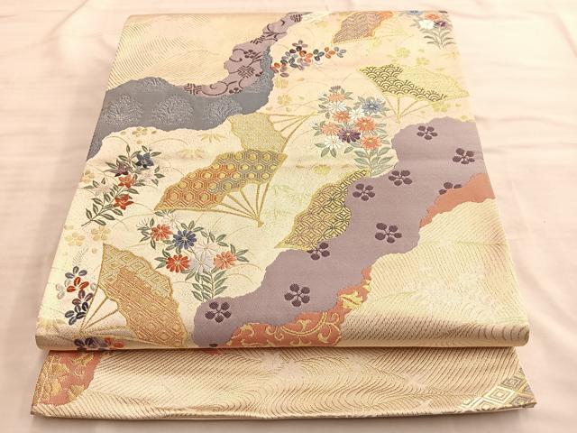 平和屋着物◎六通柄袋帯 唐織 道長扇面文 金糸 正絹 逸品 BAAO0497du