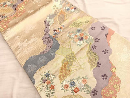 平和屋着物◎六通柄袋帯 唐織 道長扇面文 金糸 正絹 逸品 BAAO0497du