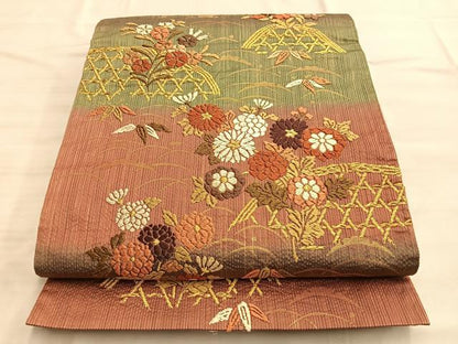 平和屋着物◎六通柄袋帯 籬草花文 金糸 正絹 逸品 BAAO0498du